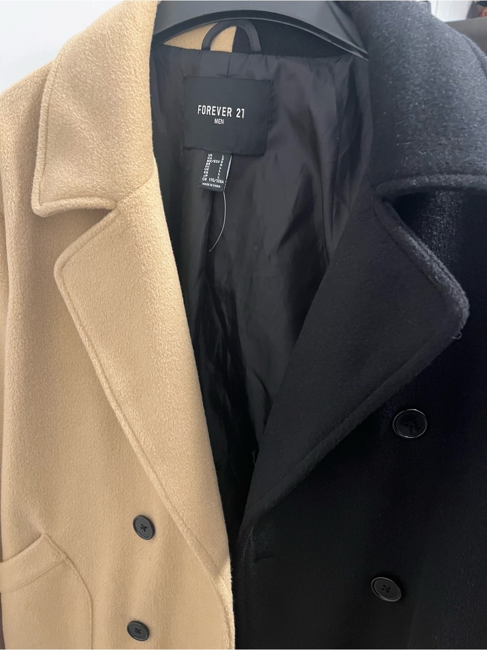 Forever 21 Men Camel and Black Two-Tone Pea Coat